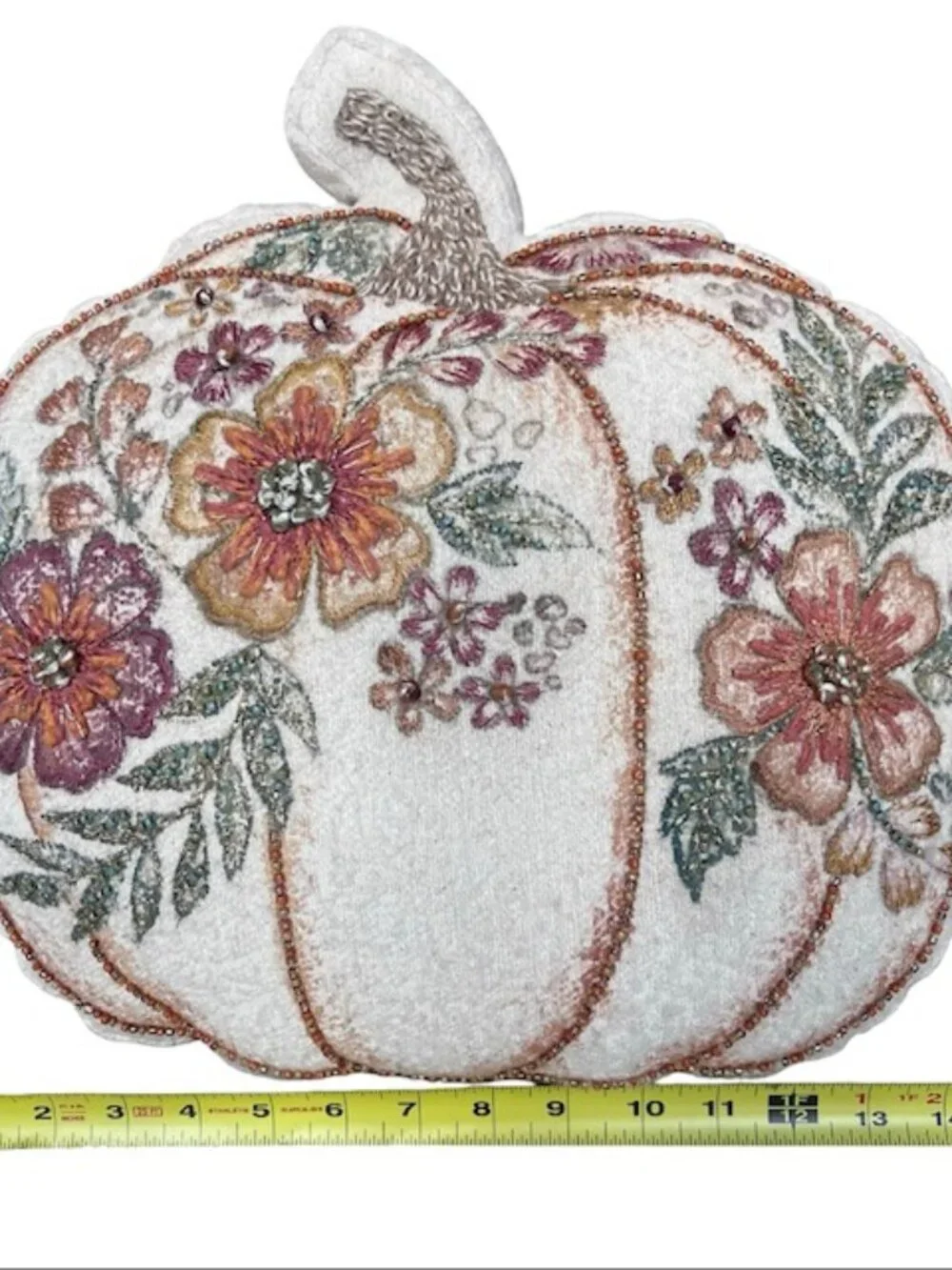 Vintage Embroidered and Beaded Pumpkin Throw Pillow / Fall / Thanksgiving Decor